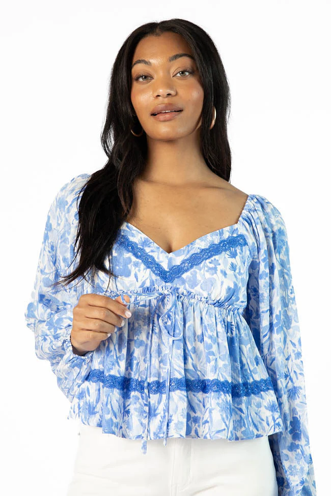 In My Dreams Blue Lace Trim Floral Blouse SALE - Aiturbor