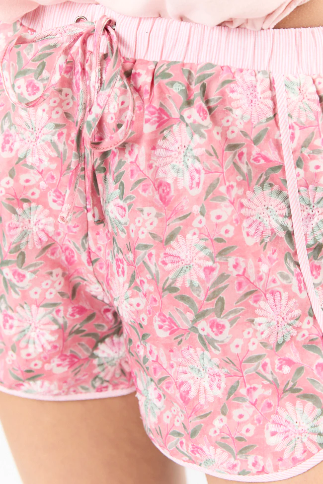 Beach Blooms Mauve Floral Embroidered Stripe Trim Pull On Shorts FINAL SALE - Aiturbor