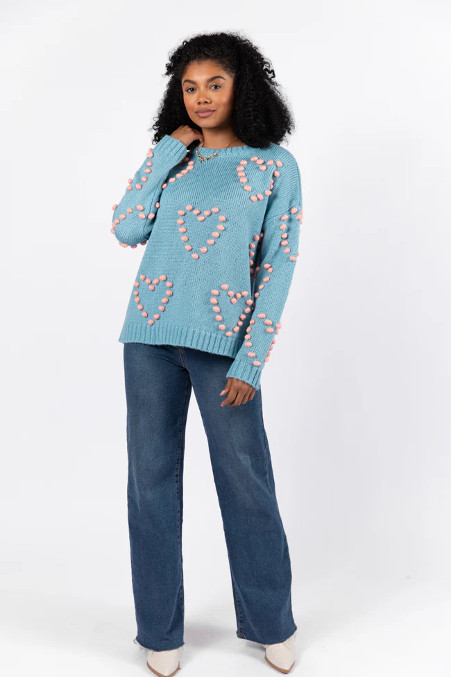 Adore You Blue and Pink Oversized Heart Pom Sweater FINAL SALE - Aiturbor