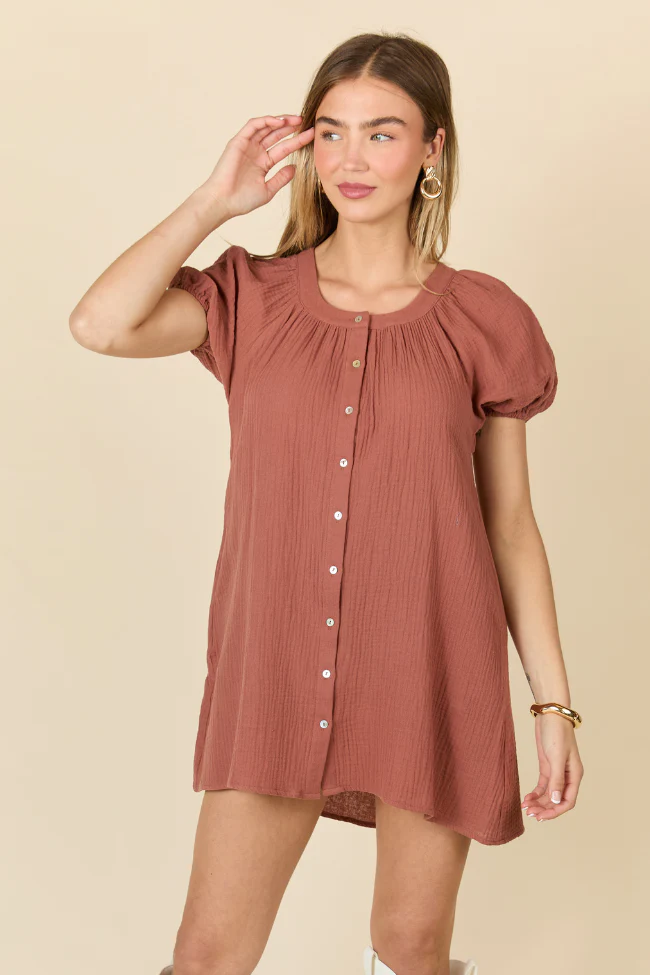 Life Of The Party Brown Gauze Short Sleeve Mini Dress SALE - Aiturbor