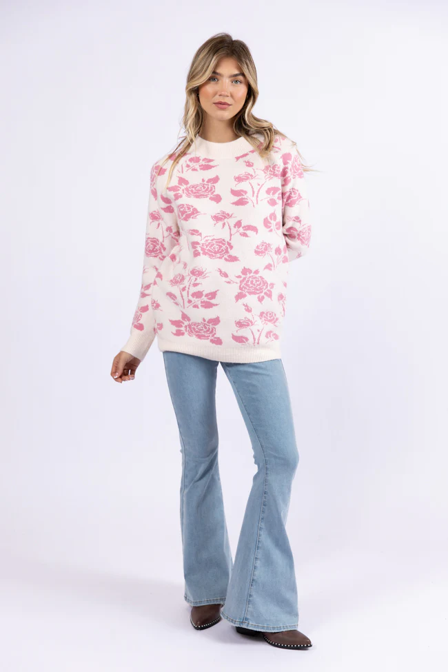 Feeling Like Love Ivory and Pink Floral Crew Neck Sweater FINAL SALE - Aiturbor