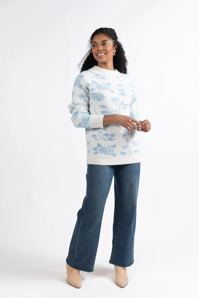 Feeling Like Love Ivory and Blue Floral Crew Neck Sweater FINAL SALE - Aiturbor