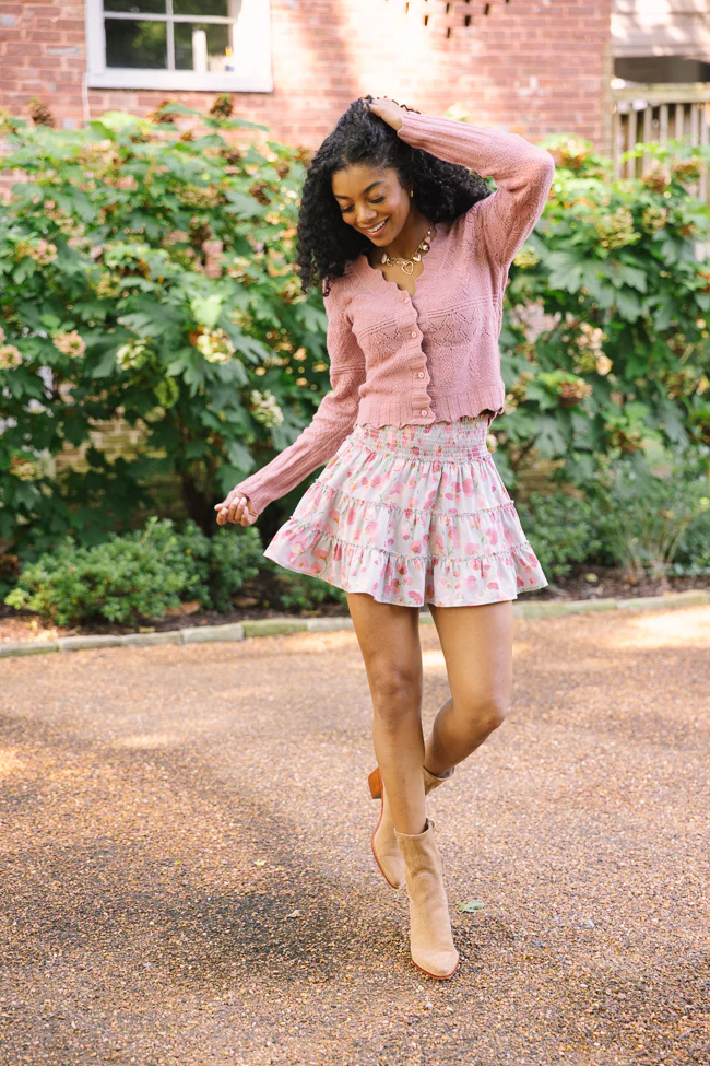 Through the Garden Pale Blue Pink Flower Print Skort - Aiturbor