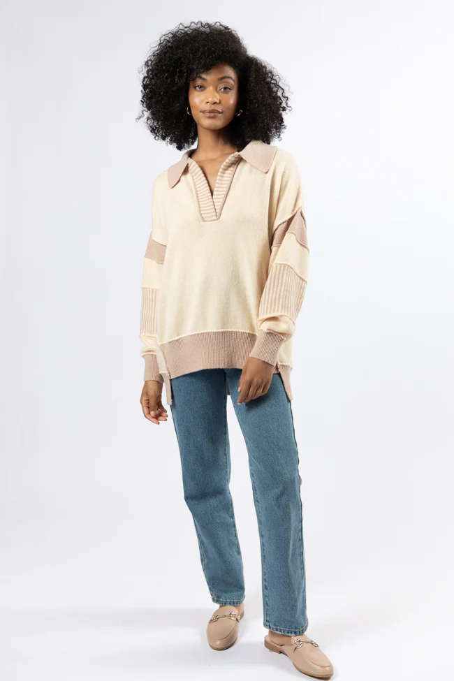 Think About It Cream and Mauve Collared Oversized Sweater - Aiturbor