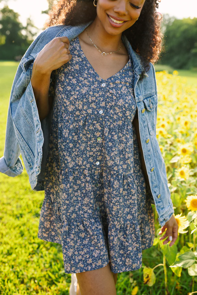 Tracey Blue Floral Button Front Dress - Aiturbor