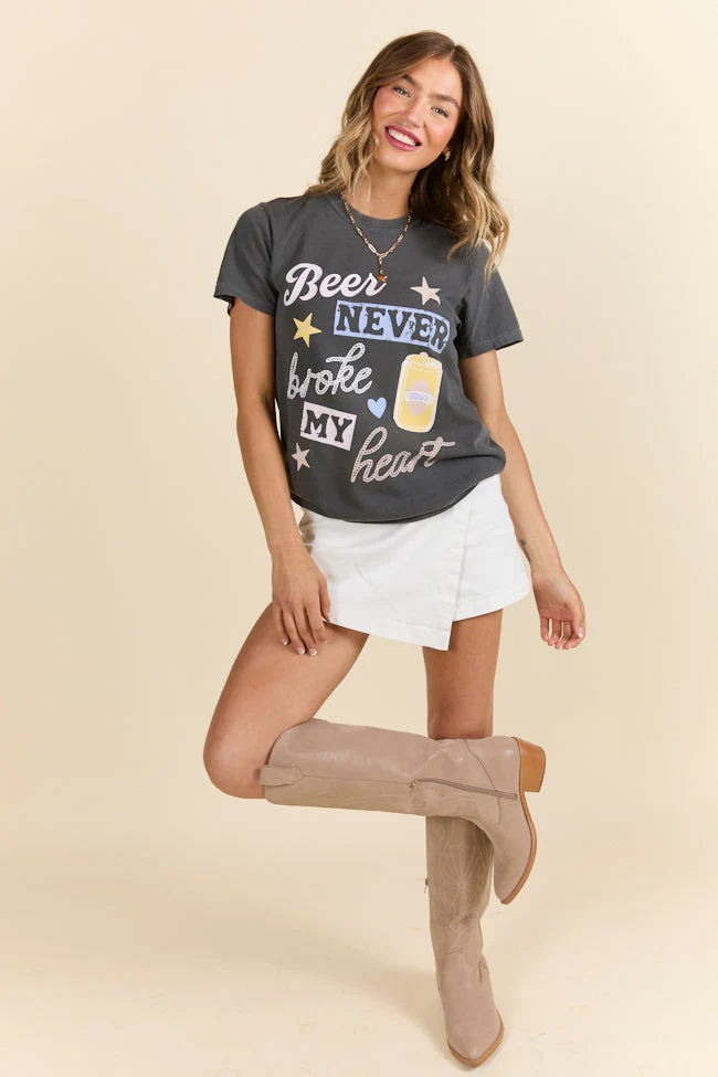 Beer Never Broke My Heart Dark Grey Graphic Tee - Aiturbor