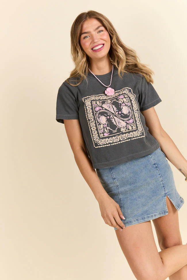 Bandana Print Dark Grey Boxy Graphic Tee - Aiturbor