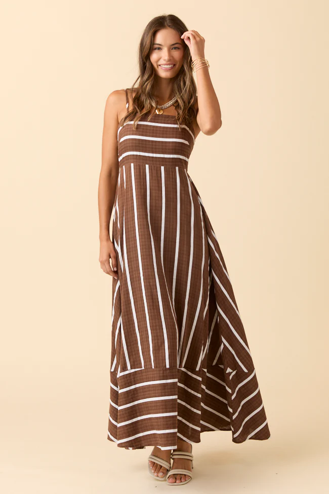 Come Sail Away Brown Striped Maxi Dress - Aiturbor