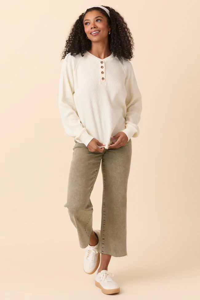 Abbie Long Sleeve Mineral Wash Cream Thermal Henley - Aiturbor