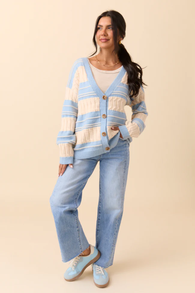 Julia Oversized Striped Blue and Ivory Cardigan - Aiturbor