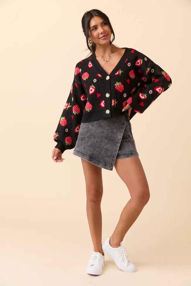 Juniper Long Sleeve Black Strawberry Cardigan - Aiturbor