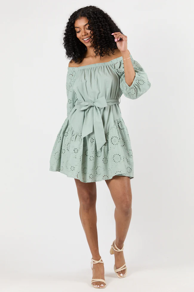 Set The Sage Eyelet Off The Shoulder Dress SALE - Aiturbor