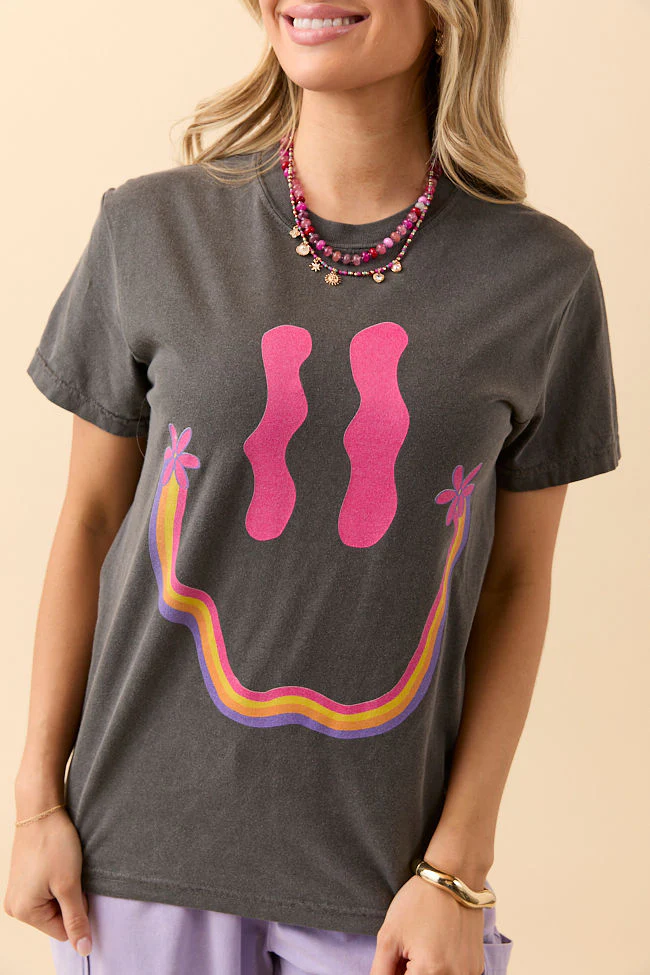 Retro Smiley Dark Grey Graphic Tee - Aiturbor