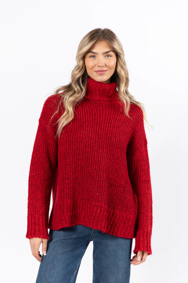 What I Need Red Fuzzy Oversized Turtleneck Sweater FINAL SALE - Aiturbor