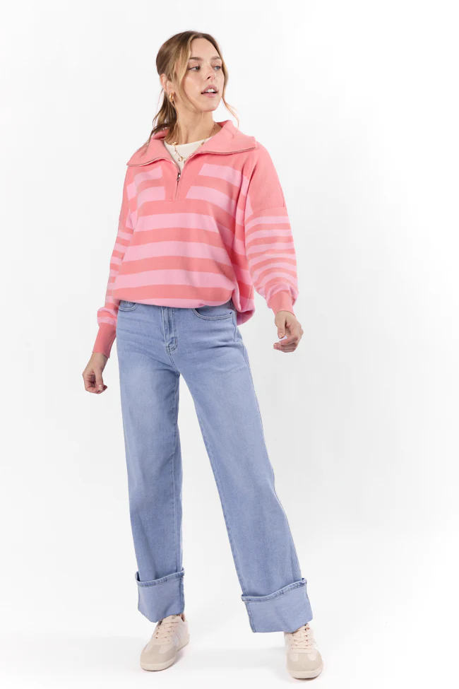 Pulling Heartstrings Coral Multi Stripe Quarter Zip Pullover FINAL SALE - Aiturbor