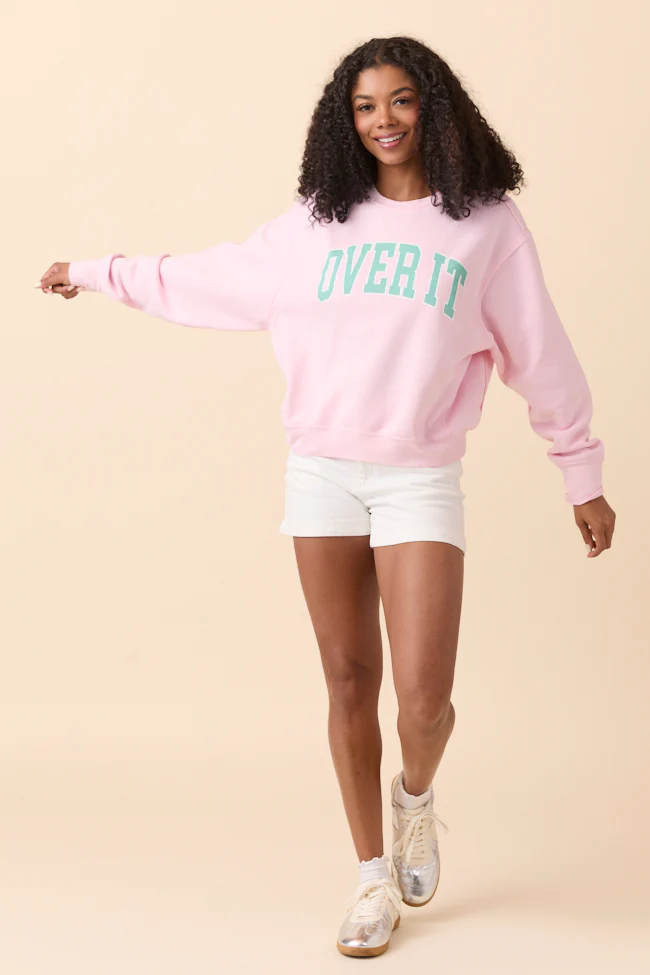 Over It Soft Pink Raw Hem Fleece Graphic Sweatshirt - Aiturbor