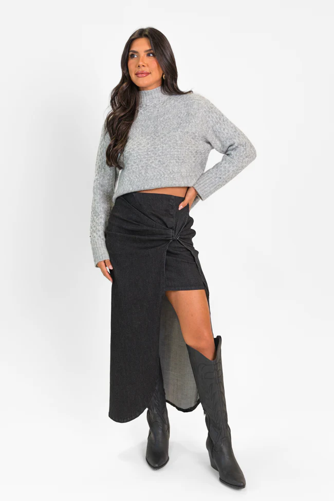 Unexpected Turn Black Denim Twist Front Midi Skirt FINAL SALE - Aiturbor