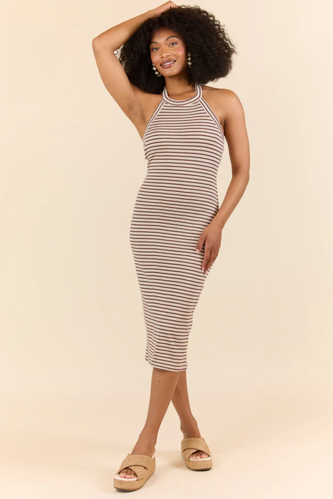 Walk By The Water Brown Striped Knit Razor Back Dress SALE - Aiturbor